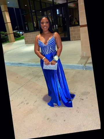Niulatu Spaghetti Strap Sheath Long Prom Dresses Satin Beaded Royal Blue Evening Dresses HZ1026